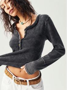 Bohemela 度假纯色针织圆领修身长袖不对称下摆女式 T 恤 - 黑色 - 查看 1