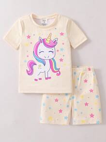 2 件套年轻女孩可爱独角兽图案海军蓝短袖上衣和短裤舒适睡衣套装