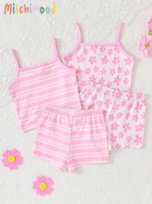 4pcs Set Girls Adorable Pink Series Floral & Stripe Print Camisole & Shorts Underwear Set - Multicolor - View 2