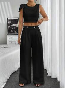 Chiquease 2 件套女士圆领无袖时尚修身上衣和纽扣时尚宽松长裤套装 - 黑色 - 查看 3