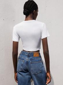 Aveloria Modichic Camiseta ajustada para mujer con cuello redondo, estampado abstracto, parches y lazos, de estilo minimalista elegante ideal para el trabajo y el tiempo libre. Diseño de moda europea y americana de primavera/verano - Multicolor - Ver 6