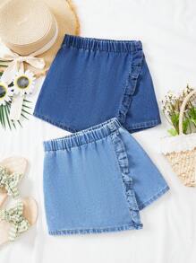 SHEIN Tween Girls Summer High Waist 2 Pcs Ruffle Cute Baggy Denim Jeans Short Skort,Girls Summer Beach Boho Vacation Casual Softness Shorts Outfits,Summer Brunch Graduation Outfits,Summer Rave Concert Festival Outfits - Multicolor - View 1