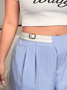 SHEIN EZwear Quần ống đứng cạp giữa không đối xứng có dây rút cỡ lớn, mùa thu/đông - Xanh và trắng - Xem 6