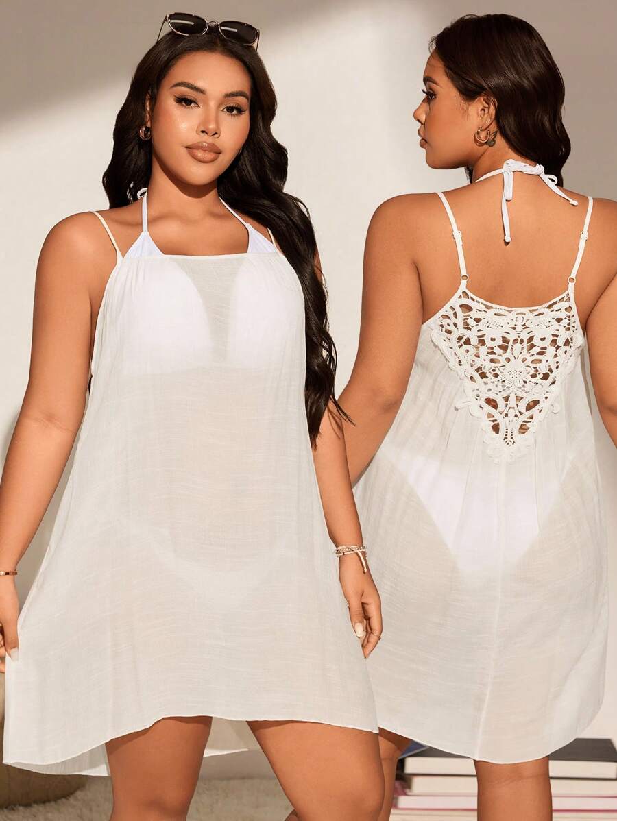 SHEIN Swim Curve Elegant Lace Splice Backless Mini Dress With Cover-Up For Vacation, Plus Size For Summer - White - View 1