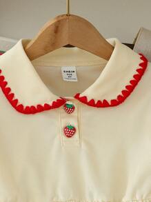 Young Girls' Fashion Solid Color Strawberry Embroidered Lapel Short Sleeve A-Line Elastic Waist Casual Dress, Suitable For Daily Wear, Summer Summer Holiday