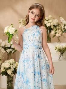 SHEIN Tween Girl Rochie elegantă fără mâneci cu talie înaltă, țesătură din șifon cu imprimeu trandafir albastru, potrivită pentru fetița de nuntă, vară