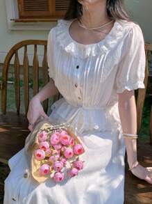 DAZY 2pcs/Set Women Lace Splicing Balloon Sleeve Two-Piece Outfits Summer - White - View 10