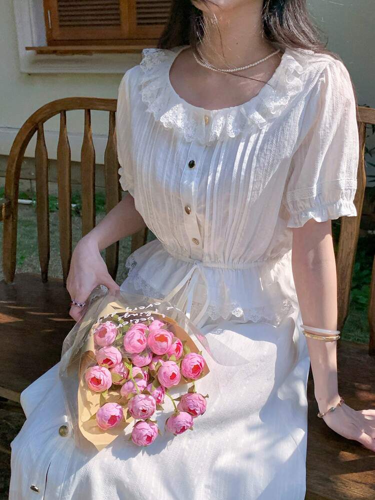 2pcs/Set Women Lace Splicing Balloon Sleeve Two-Piece Outfits Summer