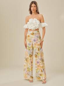 L'Amorae Women's Solid Color 3D Floral Off Shoulder Top, Fashionable For Summer, Vacation, Beach
