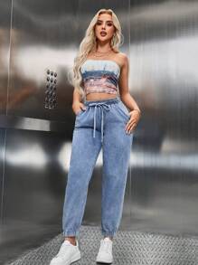 SHEIN SXY Women's Casual Blue Denim Jeans: Long, Relaxed Fit With Drawstring Waist And Pocket Details