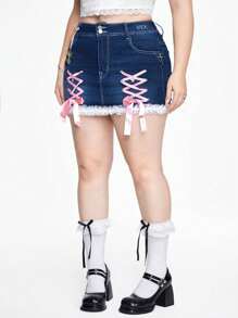 ROMWE Kawaii Plus Size Lace Up Pocket Tight Denim Skirt