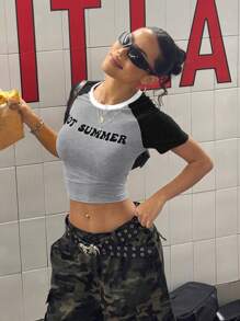 StreetHx Blokecore 复古风格短袖短款上衣，撞色修身女式 T 恤