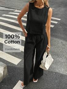 Siren Gaze 女士度假休闲纯色亚麻套装，圆领上衣和裤子2件套休闲套装，两件套女士，夏季服装女士，商务休闲女士 - 黑色 - 查看 1