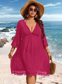 Swim Lushoire V-Neck Lace Patchwork Bell Sleeve Loose Plus Size Cover Up Dress For Summer Beach Vacation - Hot Pink - View 4