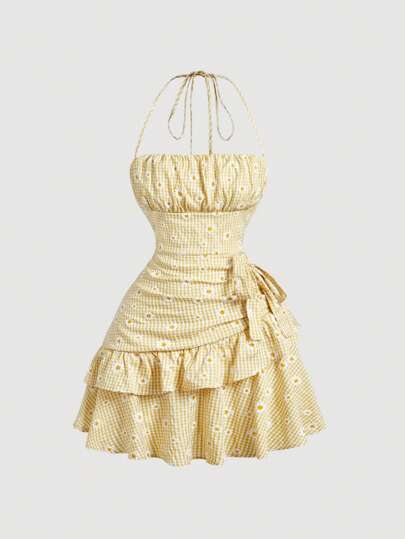 SHEIN MOD 碎花格子图案荷叶边下摆迷你露背连衣裙，女士度假装，女士沙滩装，女士碎花连衣裙，乡村音乐会装