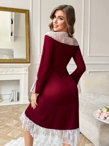 Côtesoire Women's Romantic Lace Patchwork Ruffle Trim Long Sleeve Nightgown Babydoll Holiday Season, For Fall, Winter - Burgundy - View 2