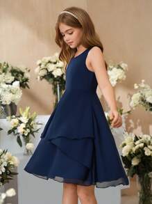 SHEIN Váy xòe viền màu trơn cho bé gái, thích hợp cho đám cưới, tiệc tùng, những dịp trang trọng - Màu xanh lam - Xem 4