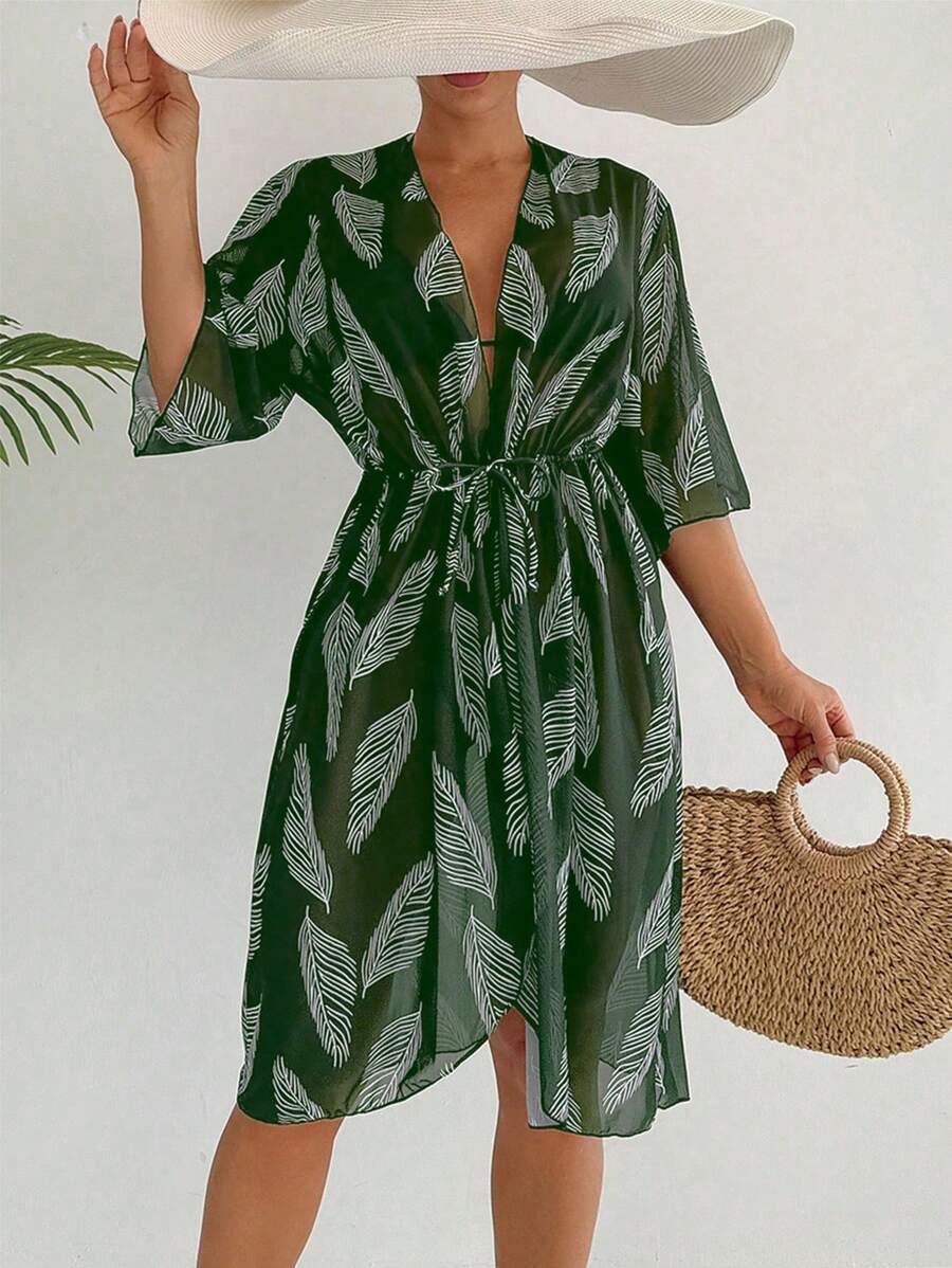 SHEIN Swim Women's Tropical Plant Printed Belted Beach Bikini Cover Up For Summer