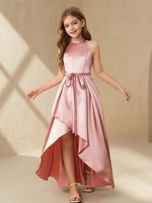 SHEIN Tween Girls Solid Color Asymmetric Hem Knotted Waist Elegant Party Dress