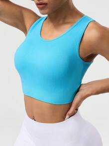 SHEIN Sports 1 件无缝运动瑜伽工字背心，高弹性 - 藍色 - 查看 7