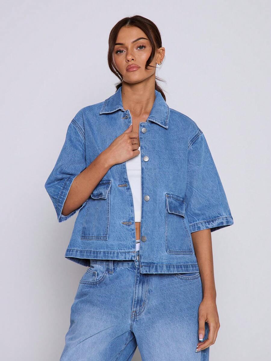 MUSERA Áo denim dáng rộng, cổ bẻ, cài cúc phía trước, tay lửng, thích hợp cho mùa hè, các buổi hòa nhạc, lễ hội, tiệc tùng, thời trang đường phố, đi học, công sở, mùa thu, mùa xuân. - Màu xanh lam - Xem 1