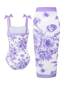 Bộ 2 món đồ bơi liền thân họa tiết sứ dễ thương cho bé gái và váy dài bằng vải chiffon - Màu tím  Violet - Xem 2