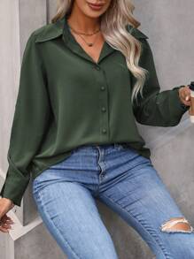 Vionelle Plus Size Solid Color Romantic Long Sleeve Shirt With Lapel Collar And Front Buttons Fall Cloth For Women - Army Green - View 6