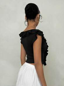 Glamine Women's Black Ribbed Ruffle-Trim Short Sleeve T-Shirt With Adjustable Drawstring Design, Summer - Black - View 4