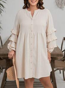 SHEIN VCAY Plus Size Women's Beige Linen Shirt Dress,Layered Ruffle Sleeve Boho Cotton Dresses,Autumn Vintage Casual Loose Vacation Holiday Beach Outfits - Apricot - View 4