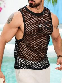 VENTUSAIL Men's Summer Solid Color Mesh Round Neck Sexy Tank Top, Men Tank Top, Holiday - Black - View 3