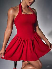 Menodora SHEIN Sport Women's Plain Color Pleated Racerback Casual Sports Dress For Daily Workout Athletic Dress Dancewear - Red - View 1