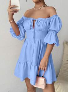 Calvaya Vestido corto con hombros descubiertos, volantes, lazo y volante en el bajo, vestimenta femenina y elegante para mujeres