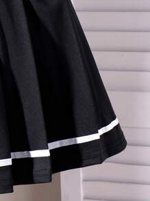 SHEIN 2pcs Girl (Small) Outfit: Grey Short Sleeve Dog T-Shirt And Navy Blue Elastic Waist Skirt, Cute And Fashionable Summer Set For Little Girls Girls School Dress Dresses School For Kids School Girl Dress,Holiday,Summer,Travel - Black - View 3