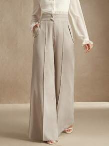 Anewsta Pantalones de traje de mujer de cintura alta con vuelo y doble botón, elegante y urbano, casual de negocios, para Año Nuevo, primavera/verano