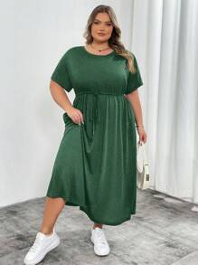 SHEIN CURVE+ Vestido holgado de manga larga negro con cinturón y bolsillos, estilo casual de verano para mujer de talla grande