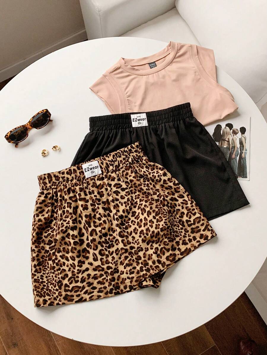 Comfortcana 2 peças de shorts soltos com estampa de leopardo e preto liso para mulheres - Camelo - Ver 1