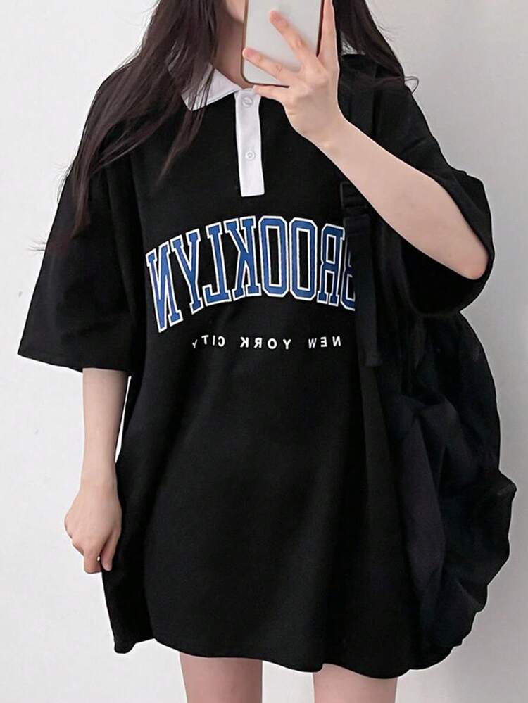 Women's Colorblocked Collar & Letter Printed T-Shirt Summer,Graphic Tees