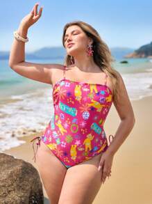 Teletubbies X SHEIN 大码夏季Y2K简约休闲狂欢节沙滩罩衫甜美梦幻复古卡通休闲可爱趣味玫瑰红度假沙滩印花连体泳衣