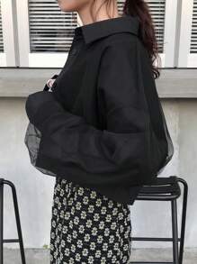 FRIFUL Women's Black Loose Short Mesh Shirt Design, Spring Long Sleeve Top - Black - View 4