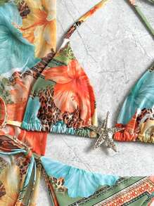 Swim Vcay 3pcs/Set Rok Mini dan Bikini Pantai Wanita Motif Acak dengan Tali Bahu Tipis dan Hiasan Bintang Laut untuk Musim Panas - MultiWarna - View 4