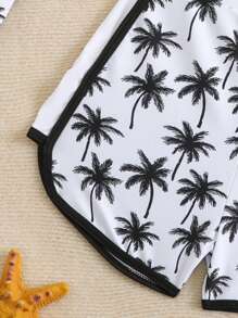 Tween Girls Coconut Tree Print Long Sleeve & Shorts Bikini Set, Beach Holiday Swimwear, Rash Guard Long Sleeve Bathing Suit Kids Two Pieces Bathing Suit For Kids - Multicolor - View 3