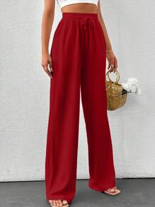 SHEIN Tall Summer Solid Color Beige High Waist Drawstring Waist Linen Look Wide Leg Pants, Tall Women - Red - View 4