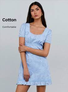 Athîral Mini rochie cu maneca scurta de culoare solida pentru femei, moda minimalista pentru vara - Albastru - Vizualizare 1