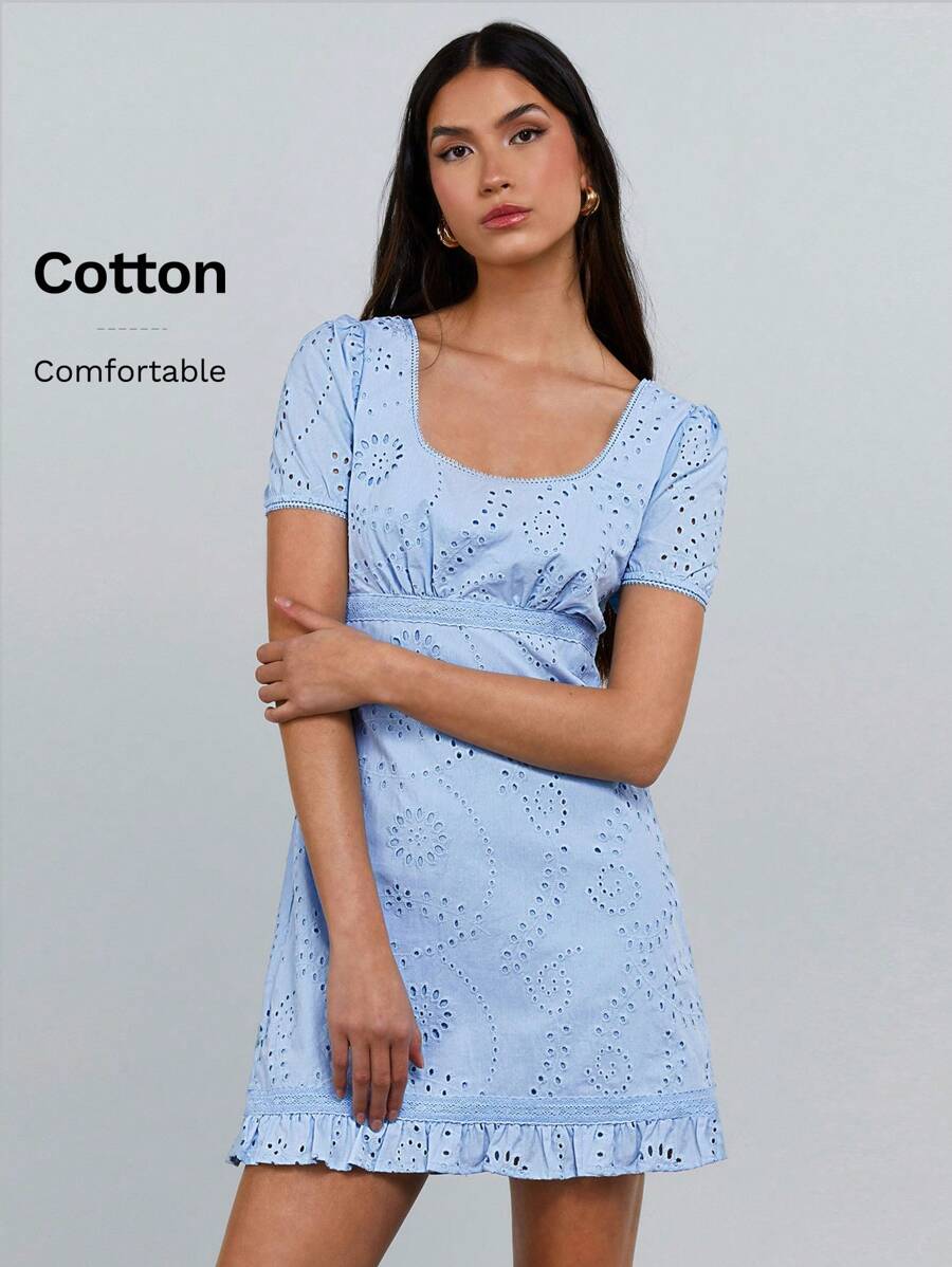 Athîral Đầm Mini Tay Ngắn Màu Trơn Cho Nữ, Thời Trang Tối Giản Cho Mùa Hè - Màu xanh lam - Xem 1