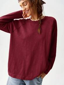 Bohemela Camiseta holgada de manga raglán de cuello redondo de punto de unicolor de vacaciones para mujeres