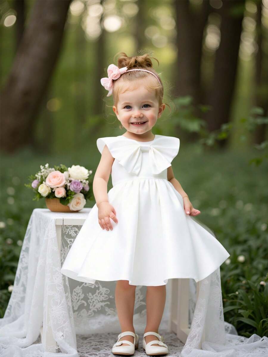 SHEIN Glamorique Kids 年輕女孩們素色派對禮服和假領子 - 白色 - 查看 1