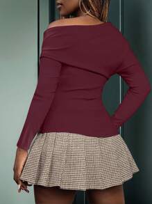 Women's Solid Color Asymmetric Collar Long Sleeve Casual T-Shirt - Burgundy - View 2