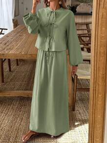 SHEIN LUNE Textured Fabric Front-Middle Knotted Long Sleeve Shirt & Midi Skirt Set Fall Cloth For Women - Green - View 6
