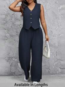 SHEIN Tall CURVE Conjunto de 2 piezas de chaleco y pantalón de unicolor informal talla grande - Azul Marino - Ver 1