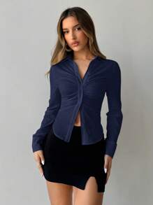 Aloruh 女士办公室通勤日常尖头下摆胸围褶饰立领单排扣修身长袖衬衫